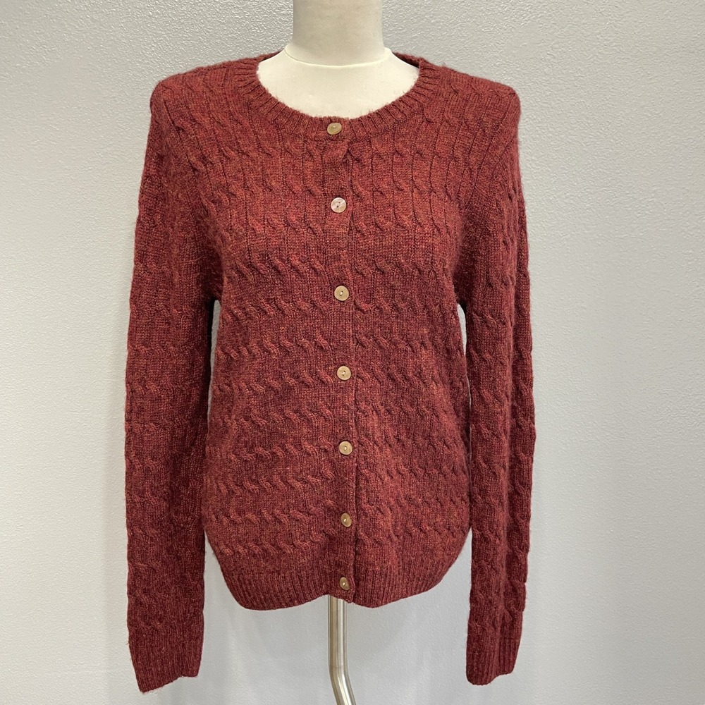 Appleseed's Cable Cardigan Sweater Medium Brick Red 100% Wool